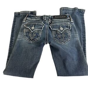 Womens Rock Revival Denim Blue Jeans SZ 25 Debbie Boot Cut Low Rise Whiskering